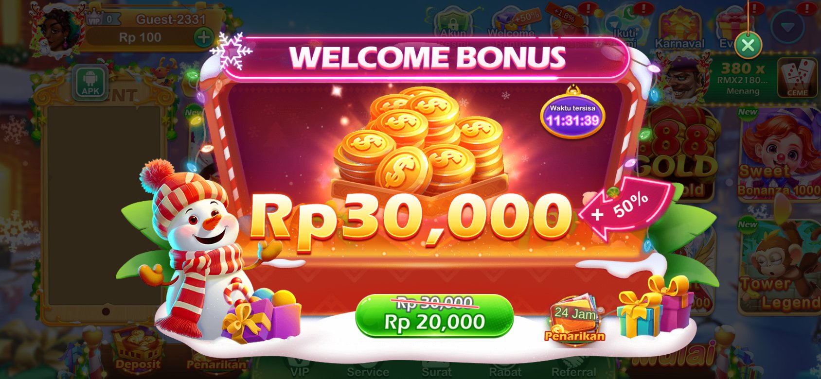 Gowin APK - Bonus selamat datang hingga Rp30,000 untuk pengguna baru.